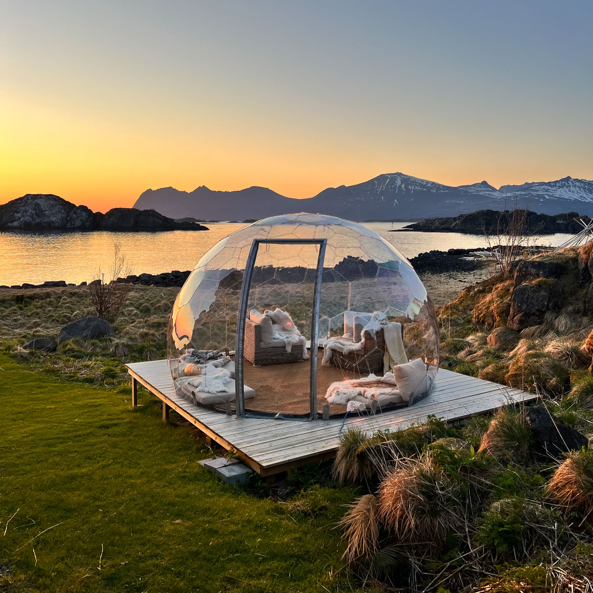 Hypedome S clear glamping dome on wooden deck