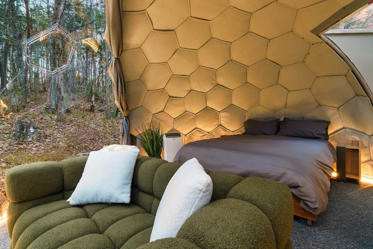 Cozy geodome bedroom with honeycomb panels and forest view
