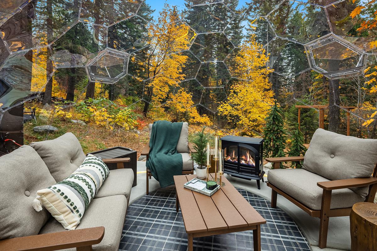 Geodome lounge with fireplace and autumn forest view