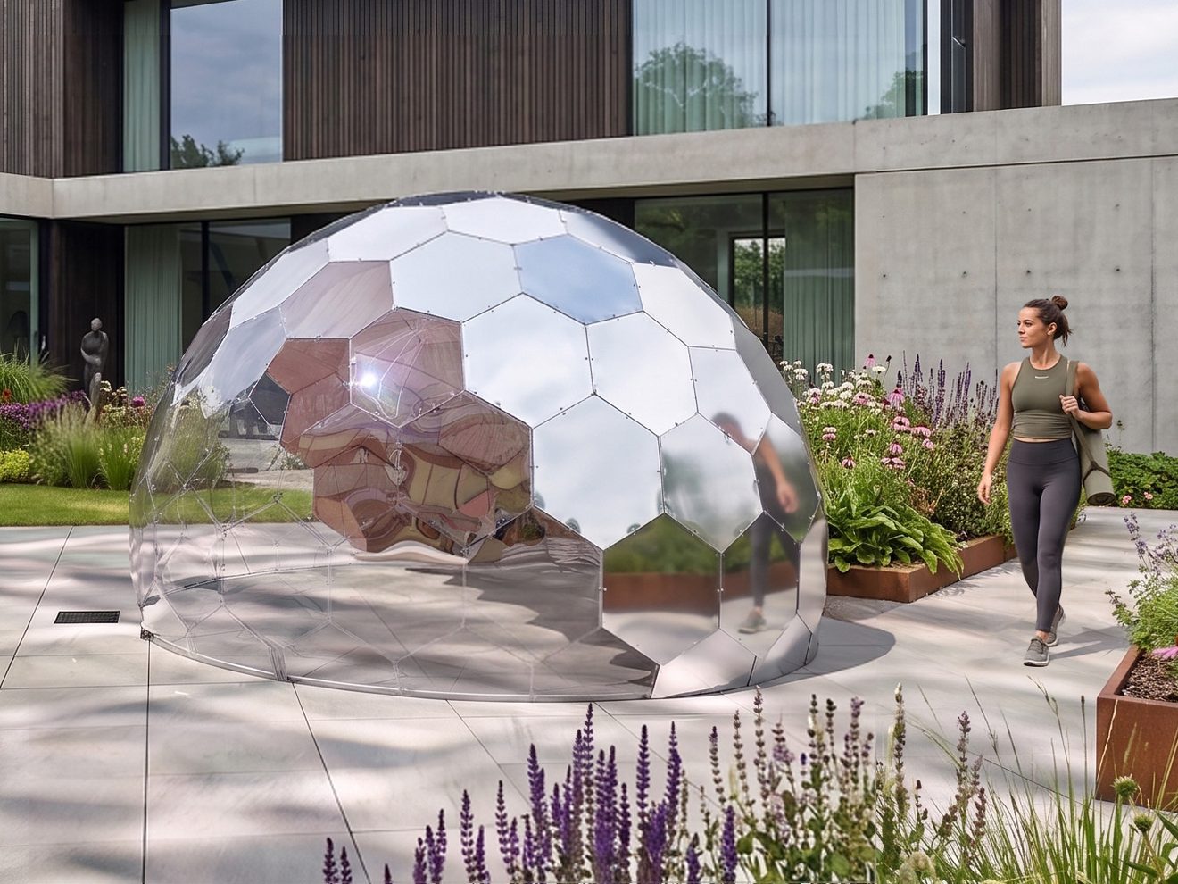 A satin-mirror Wellness Dome in a garden, steps from the house