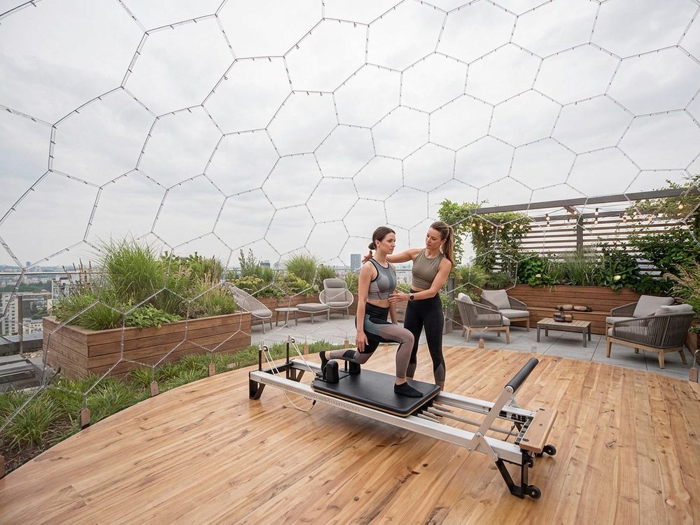 A pilates reformer set up inside a Wellness Dome