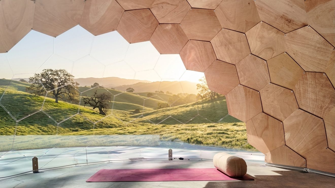 Interior of a Wellness Dome with a yoga mat and cushion in soft morning daylight through the clear front