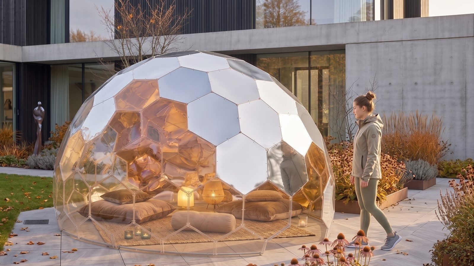 The same Wellness Dome in autumn, planting turned amber and leaves on the paving