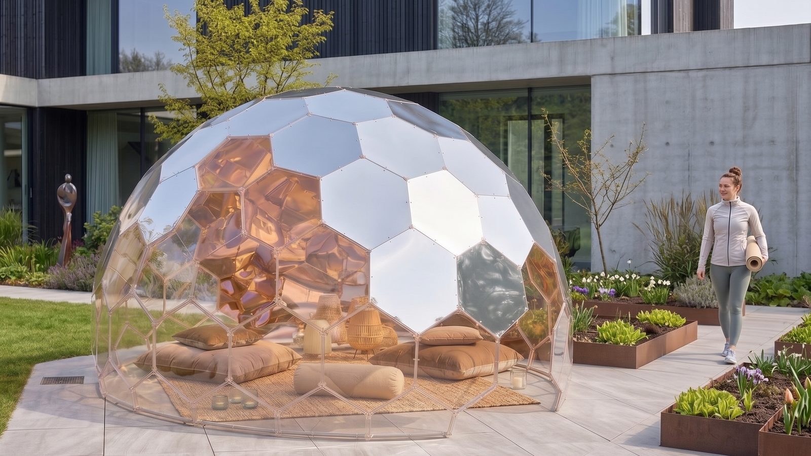 A Wellness Dome in a garden in early spring, fresh growth and bulbs coming up