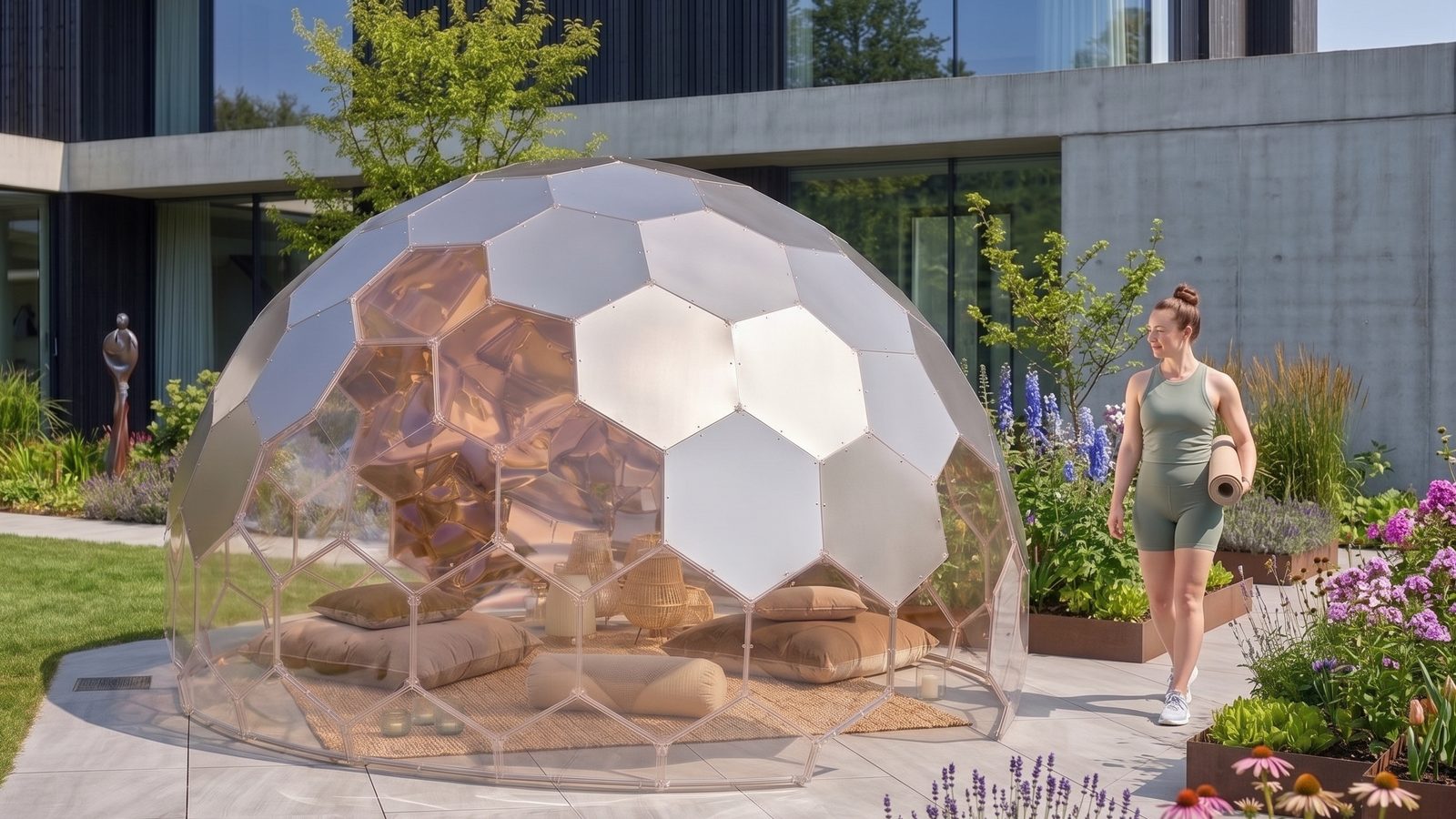The same Wellness Dome in high summer, borders full and flowering