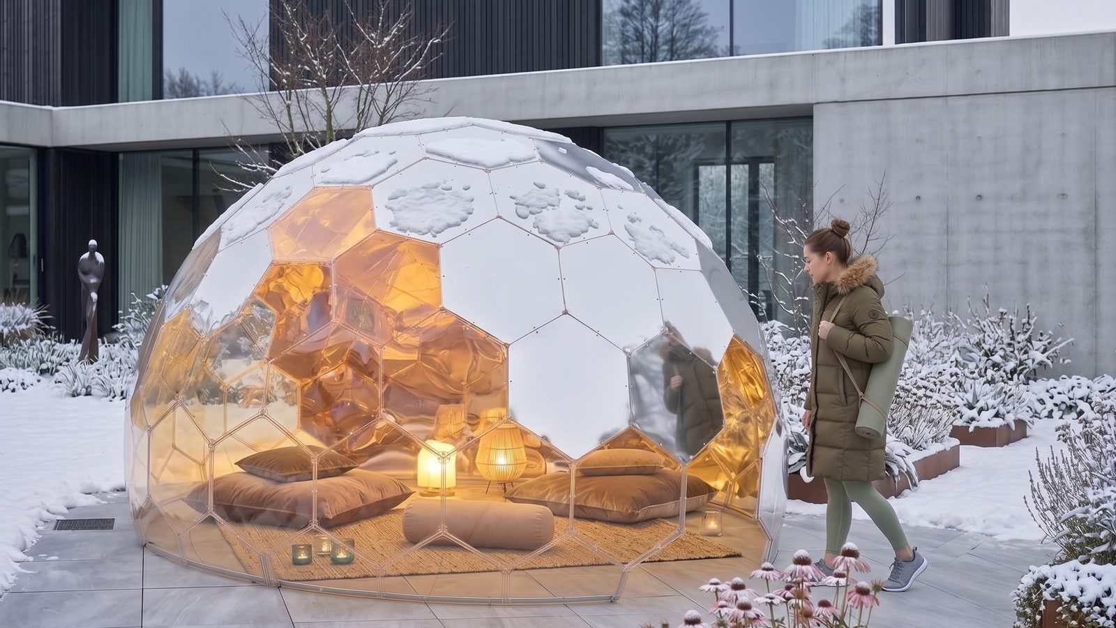 The same Wellness Dome after snow, shell clear and warm light glowing from inside