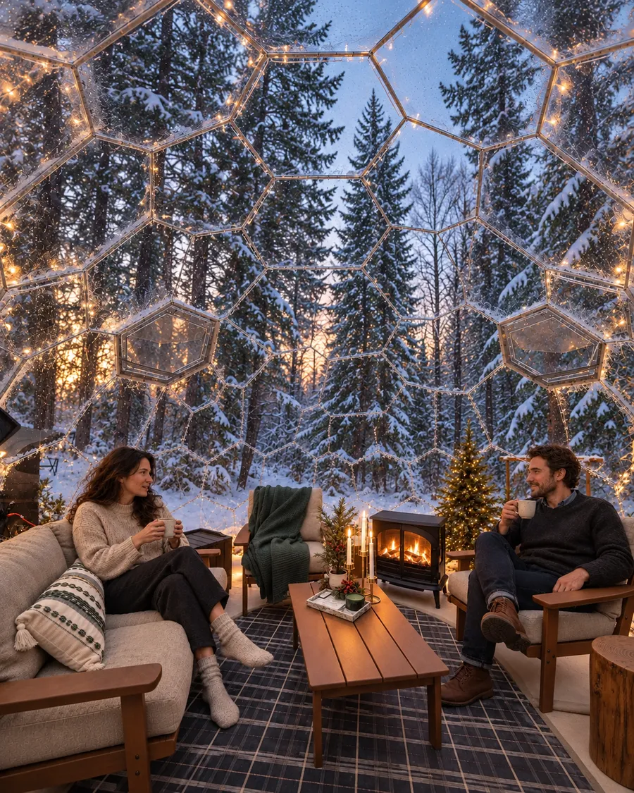 Couple with hot drinks by a stove and Christmas tree inside a clear dome surrounded by snowy forest