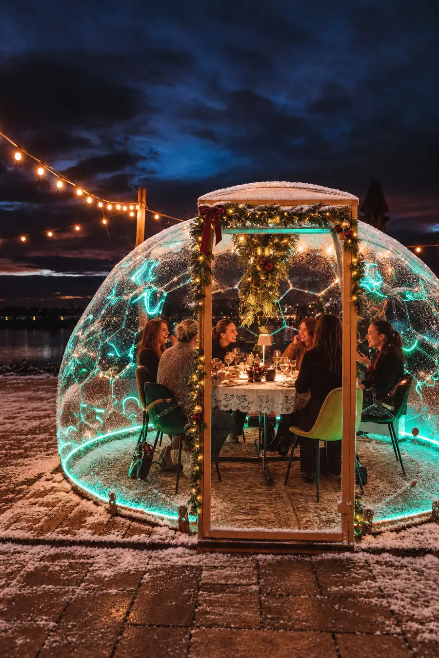 Friends at a festive candlelit dinner inside a snow-dusted Hypedome with a garland-framed Port Door and teal LED lighting