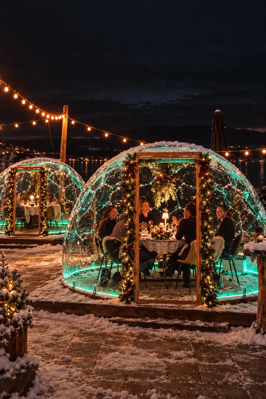 Two festive dining domes with garlands and green LED lighting on a waterfront deck at night