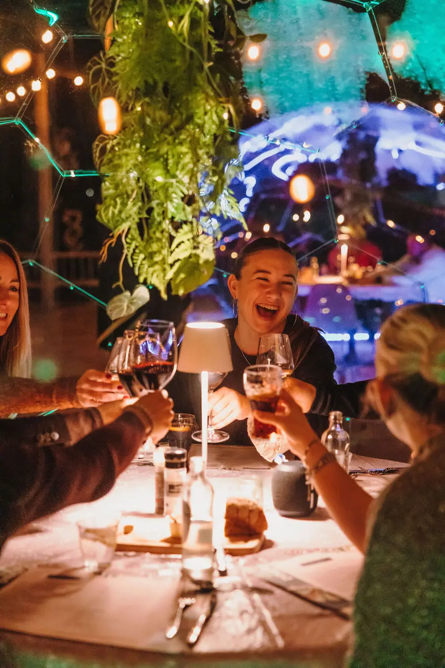 Friends raising a toast at a candlelit dinner inside a dining dome at night