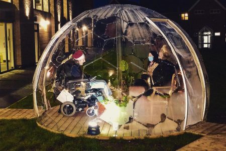 Meeting care home resident in a Hypedome visiting pod