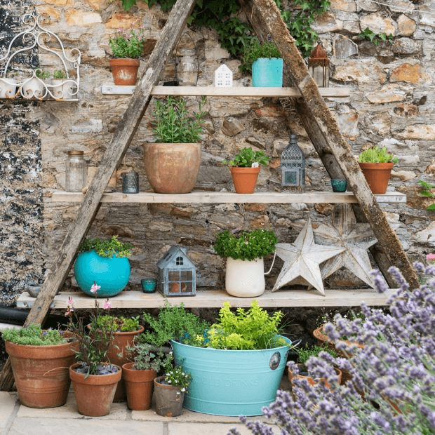 Etagères d'extérieur en bois avec pots de fleurs