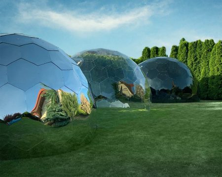 Three colours of Hypedome outdoor domes - clear, mirror and grey