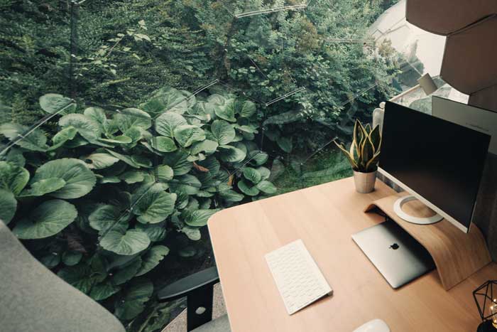 Outdoor garden office surrounded with plants