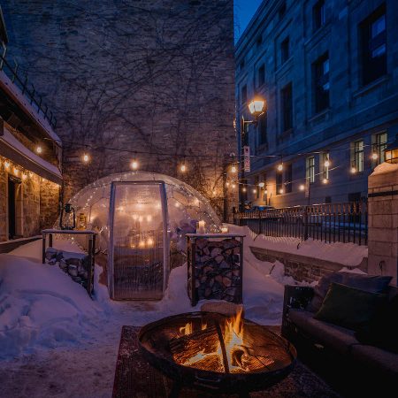 outside dining pod in winter