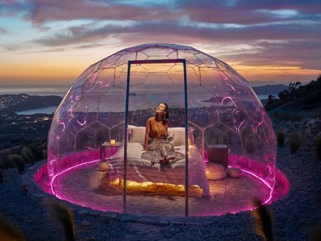 Glamping pod with pink led lighting