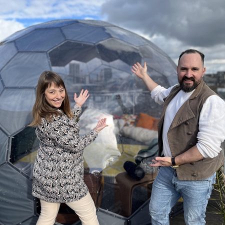 Chantal and Adam presenting their sky dome Hypedome Grey on the roof terrace