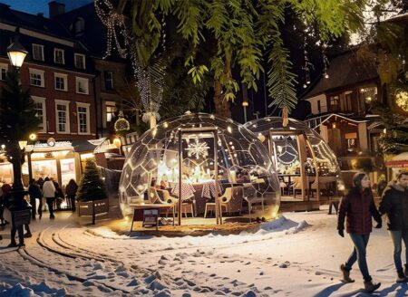 Dining setting inside an outdoor real-life snow globe