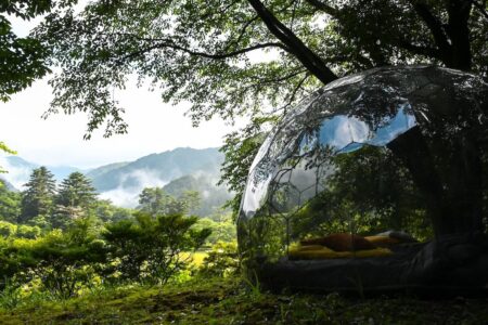 A beautiful view of the glamping dome and eco village in the mountain area