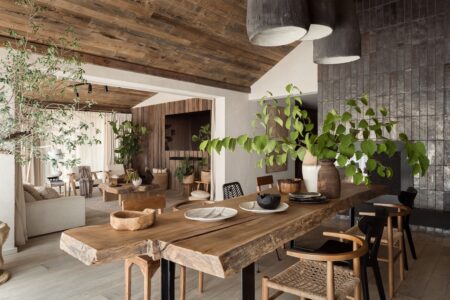 A rustic dining room created with biophilic design principles