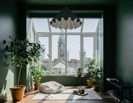 A green winter sunroom in the city