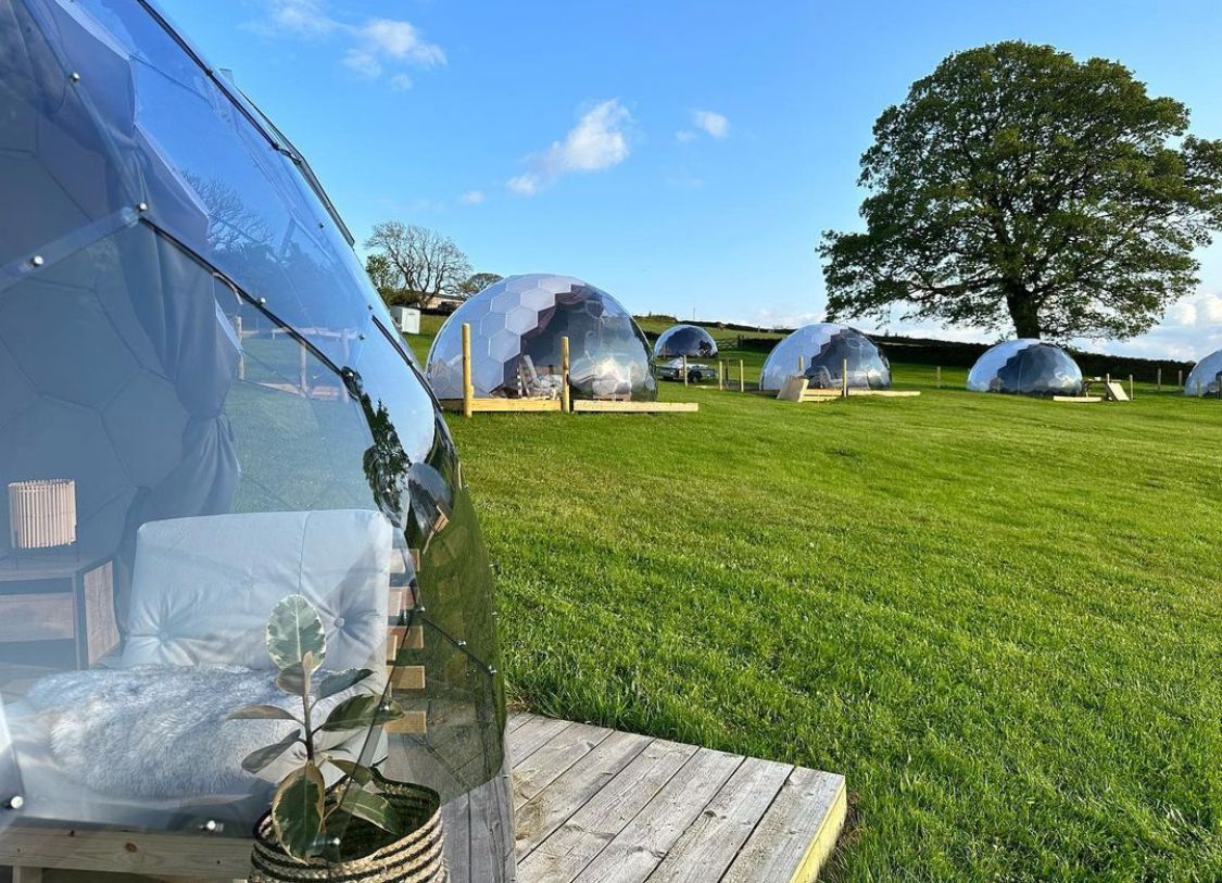 Stylish geodesic dome glamping pods under open sky