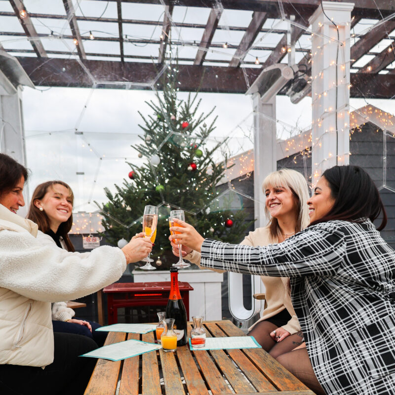 Eine Gruppe von Frauen feiert in einem Kuppelrestaurant auf Long Island