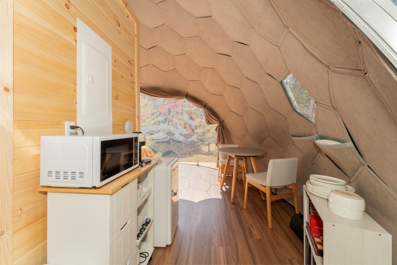 A glamping suite in a Nova Nook dome at Nature Nooks in Maine