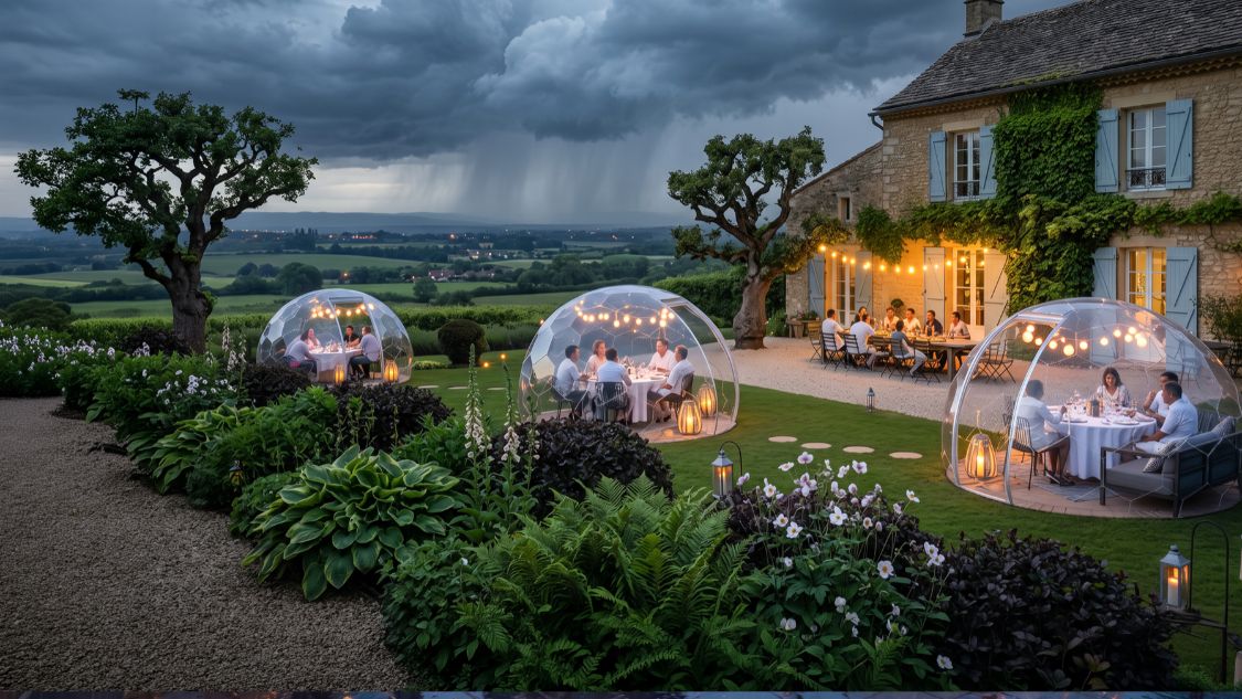 Three clear Hypedome dining domes lit with fairy lights in a country garden as a rain shower crosses the valley behind