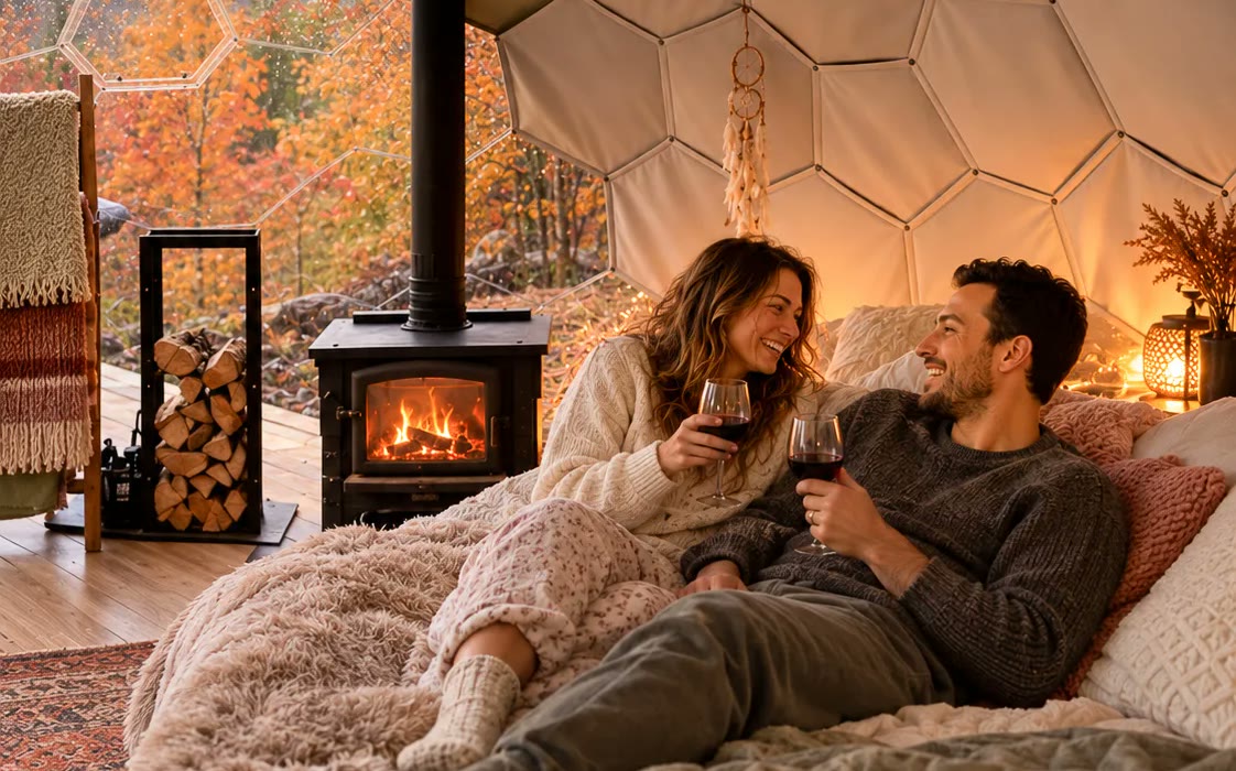 A couple with wine under blankets by a wood-burning stove inside a cosy dome, autumn trees outside