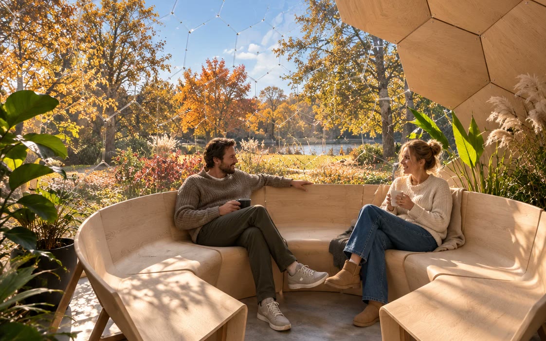A couple with coffee on curved wooden benches inside a dome lined with warm Hype.Wood panels, autumn trees outside