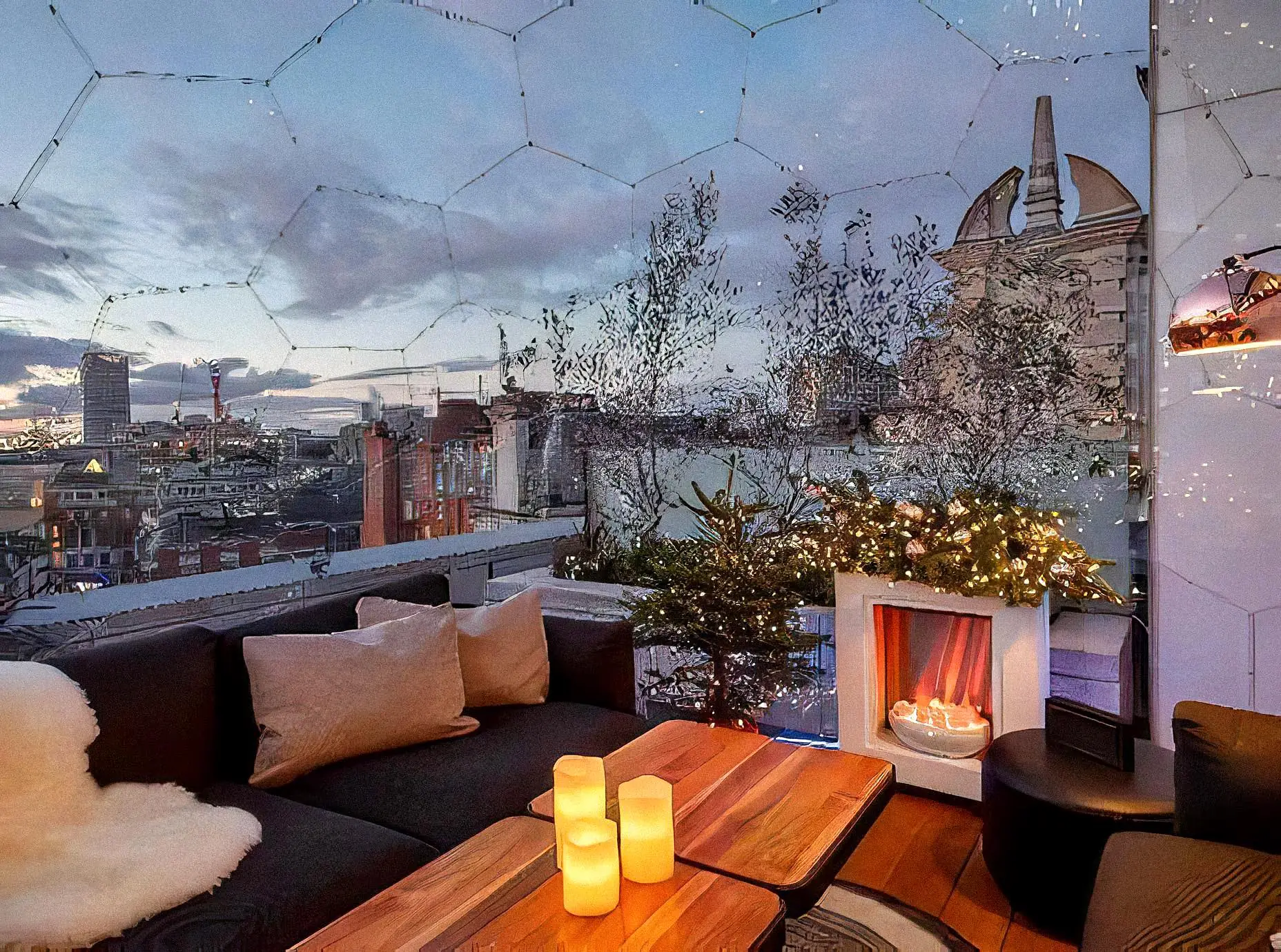 Cosy interior of rooftop dining pod