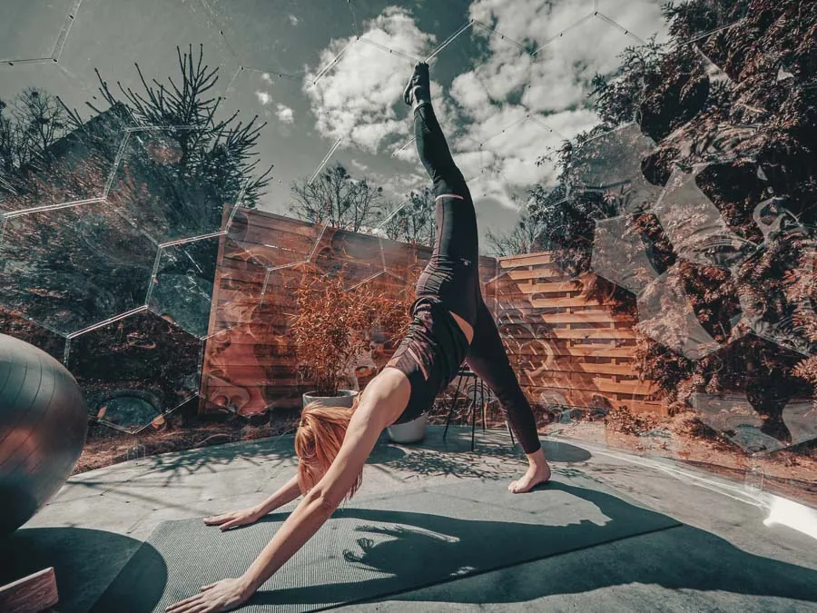 Outdoor yoga den in a garden dome