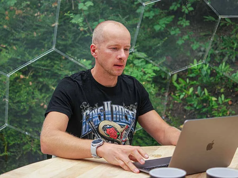 Having a video call inside the outdoor office dome