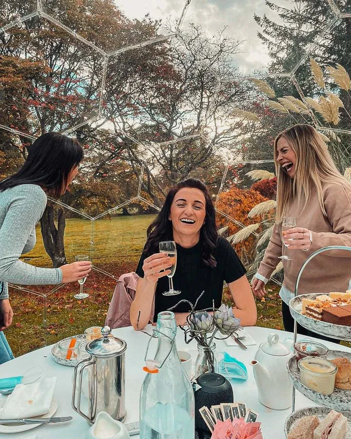 Women celebrating baby shower in dining dome