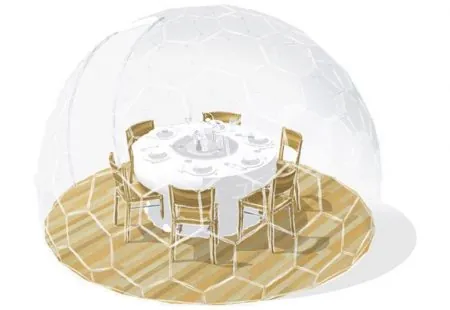 Dining table and chairs in a pod drawing