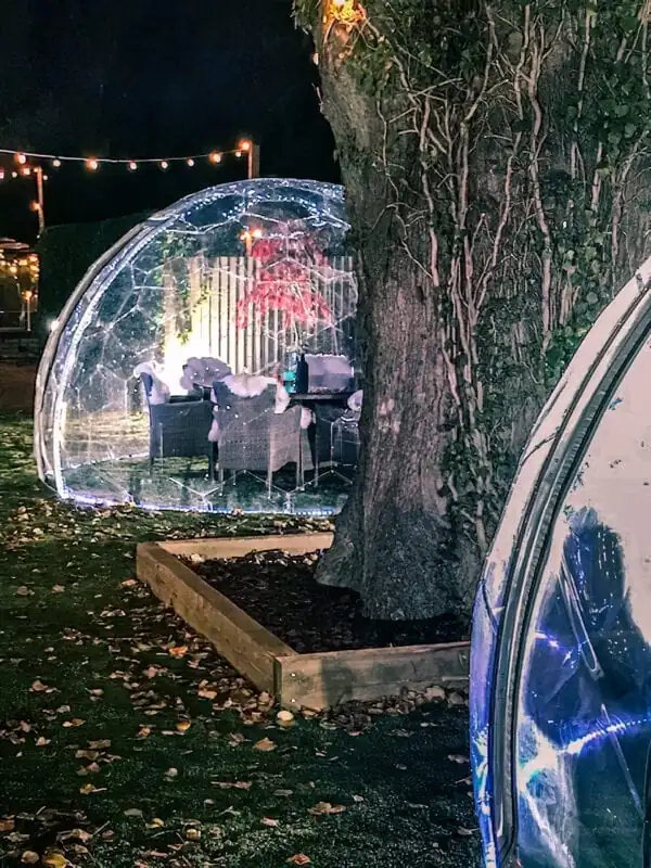 Outdoor dining pods in autumn