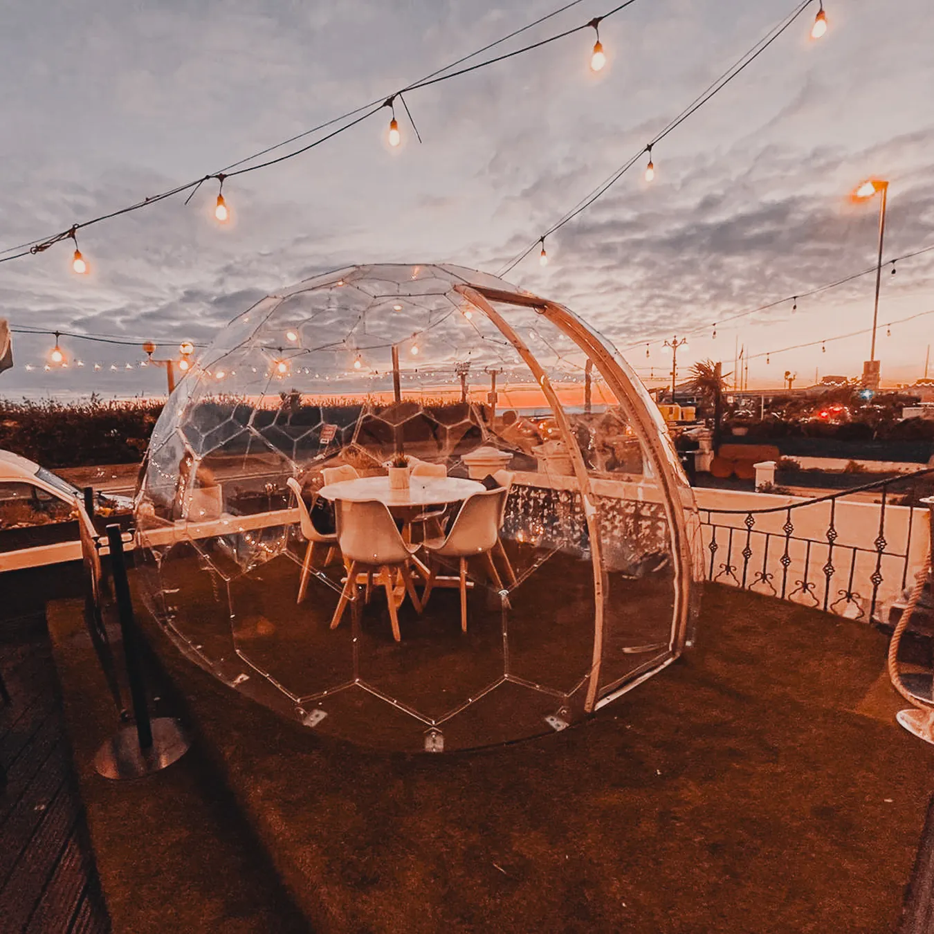 Outdoor dining area with a view