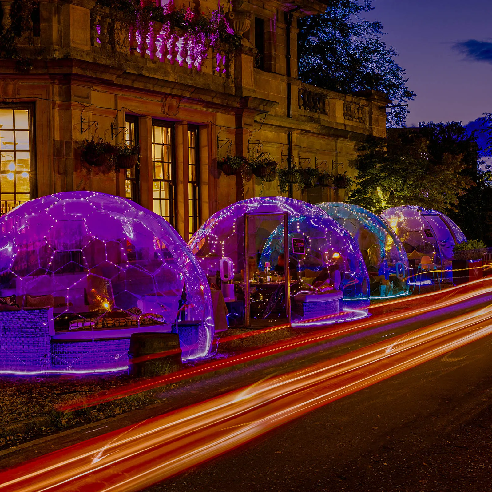 Illuminated outdoor dining pods