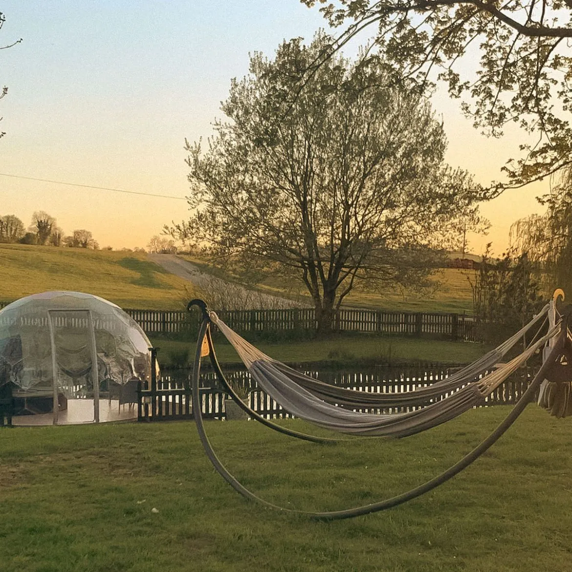 An outdoor retreat with a backyard pod and a hammock