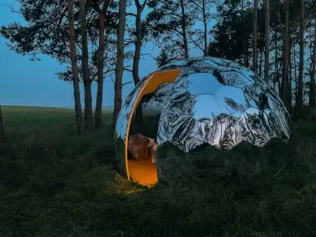 A mirror glamping pod installed in the woods