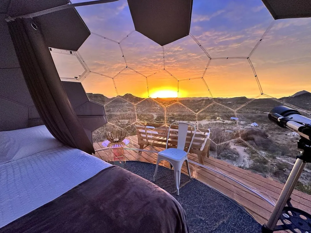 Bedroom dome's interior at sunset