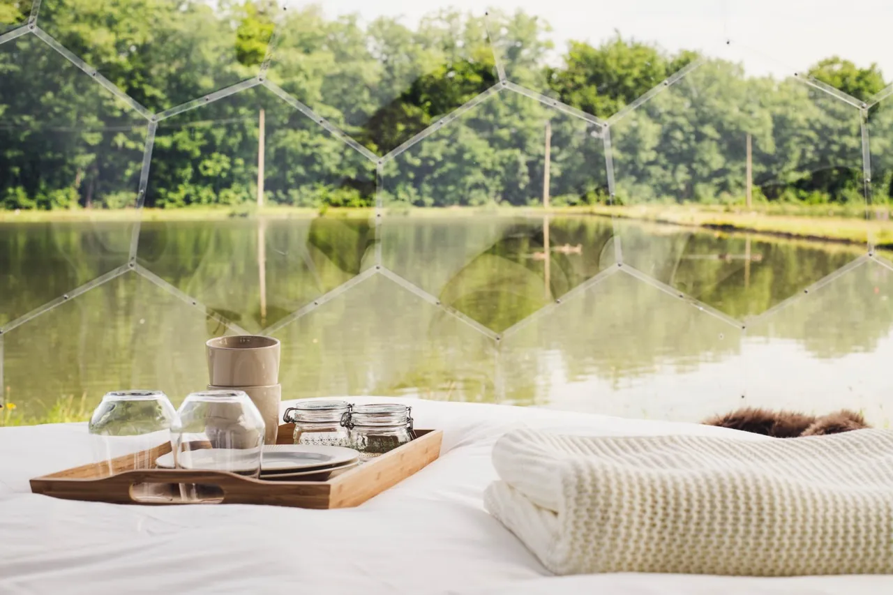 View on nature from inside of the glamping pod