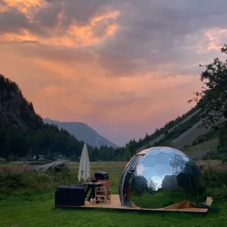 Mirror shelter dome in the mountains