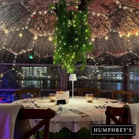 Festive decorations in a dining dome by the river