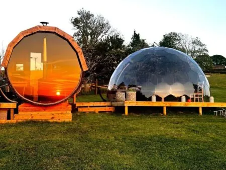 A hot tub dome and sauna at the Deerstone Glamping