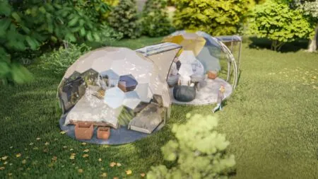 Two same-size glamping domes connected to each other