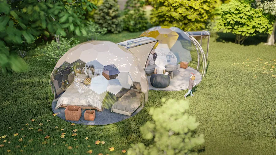 Two same-size glamping domes connected to each other