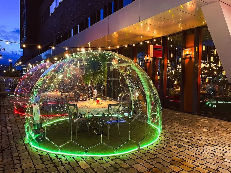 Humphrey's Rotterdam windy outdoor area with solid Hypedome dining domes