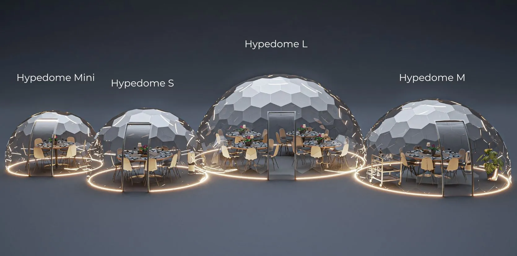 The range of Hypedome dining igloo sizes